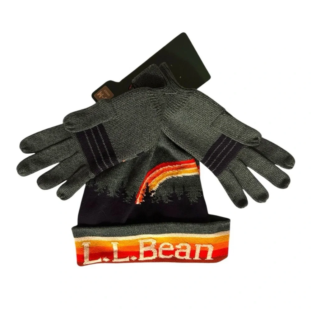 L.L. Bean Katahdin Multicolor Knit Gloves Pom Pom Hat